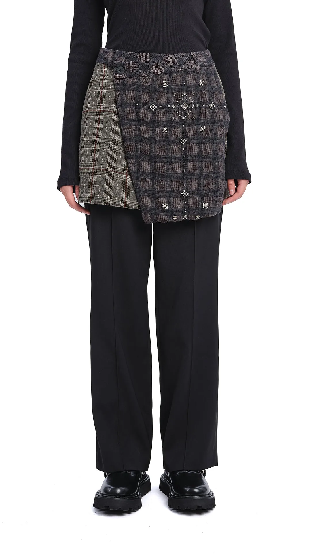 2 in 1 Straight-Fit Checker Pants with Studs GridTexture DurableBlend