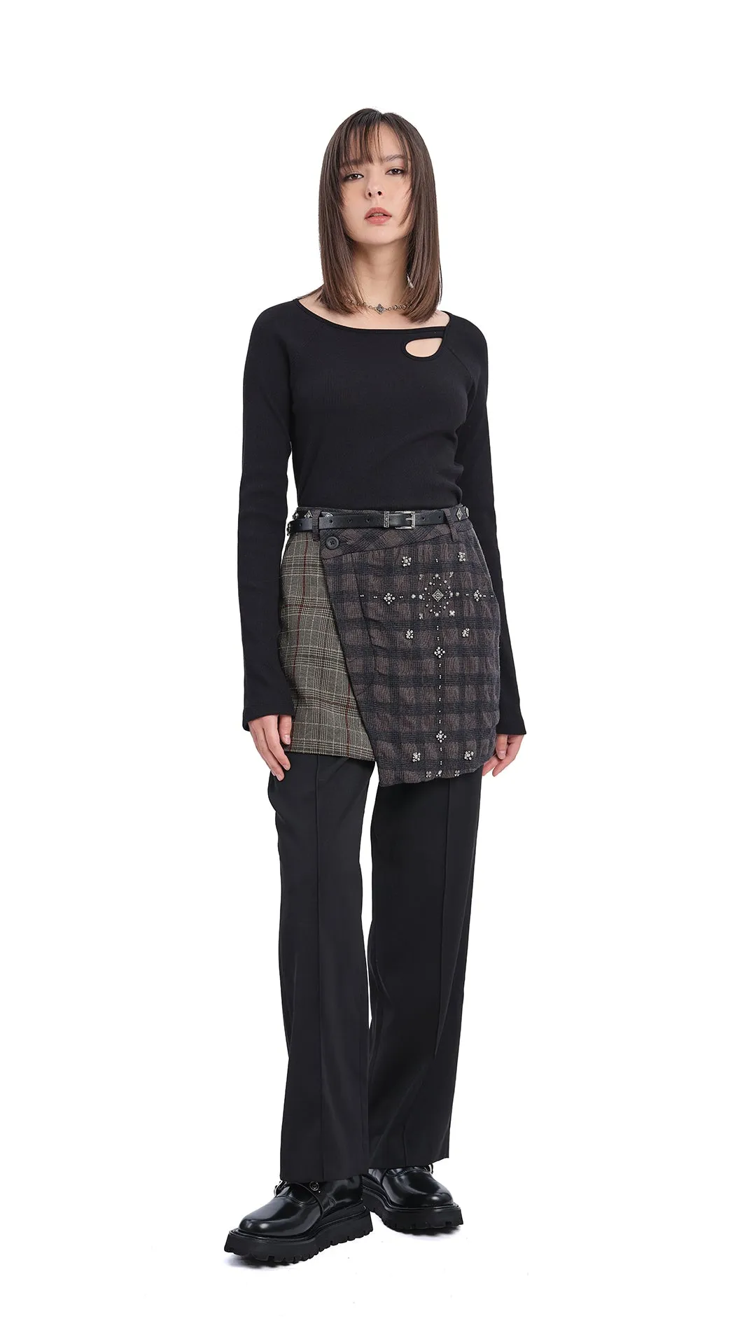 2 in 1 Straight-Fit Checker Pants with Studs LayeredNeckline