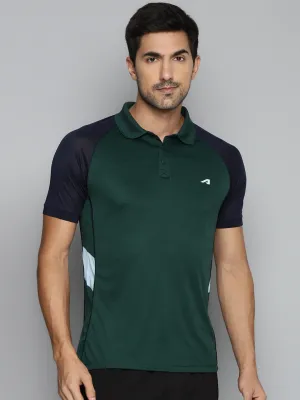 ALCIS Men Green & Navy Blue Colourblocked Polo Collar Slim Fit Running T-shirt QuickDry Material Recycled Polyester Mix