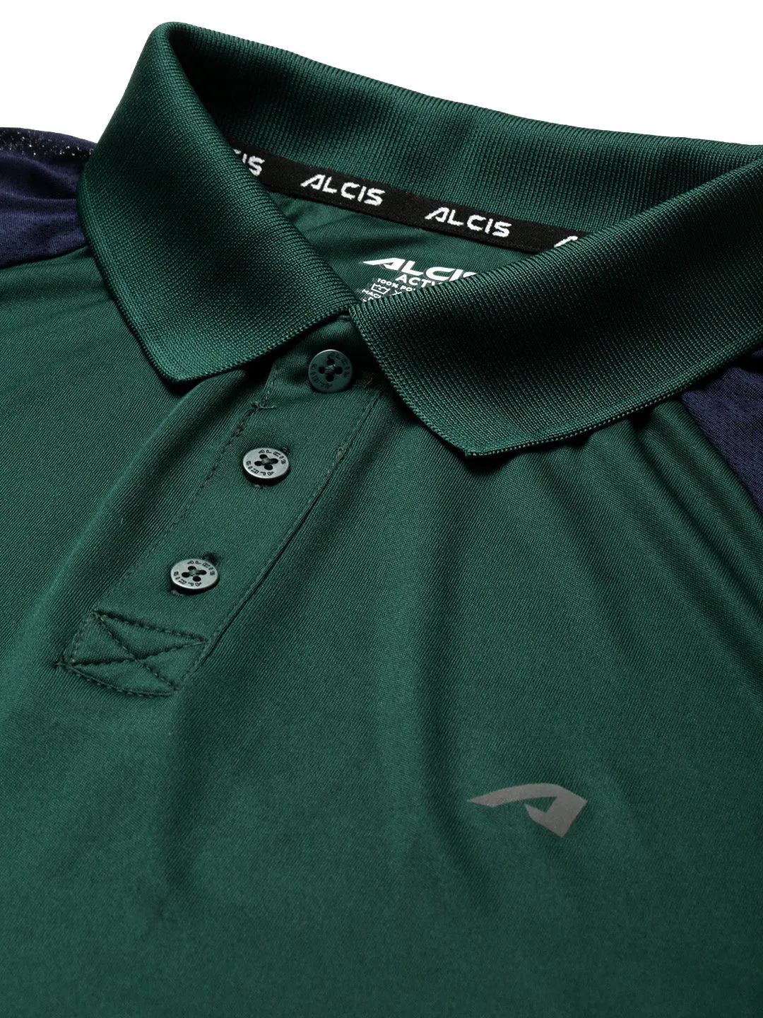 ALCIS Men Green & Navy Blue Colourblocked Polo Collar Slim Fit Running T-shirt Performance Ready Thermoregulating Fabric