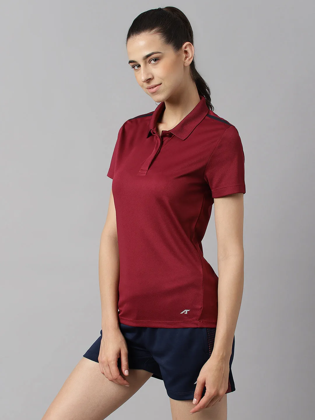 Alcis Women Red Plum Anti-Static Soft-Touch Slim-Fit Training Polo Wonder T-Shirt Sun Protection UPF 50