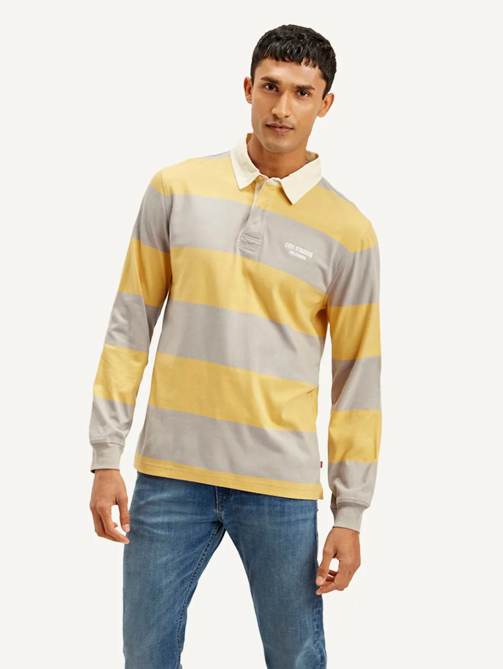 Men's Striped Yellow Polo T-shirt Layered Look Sun Protection UPF 50
