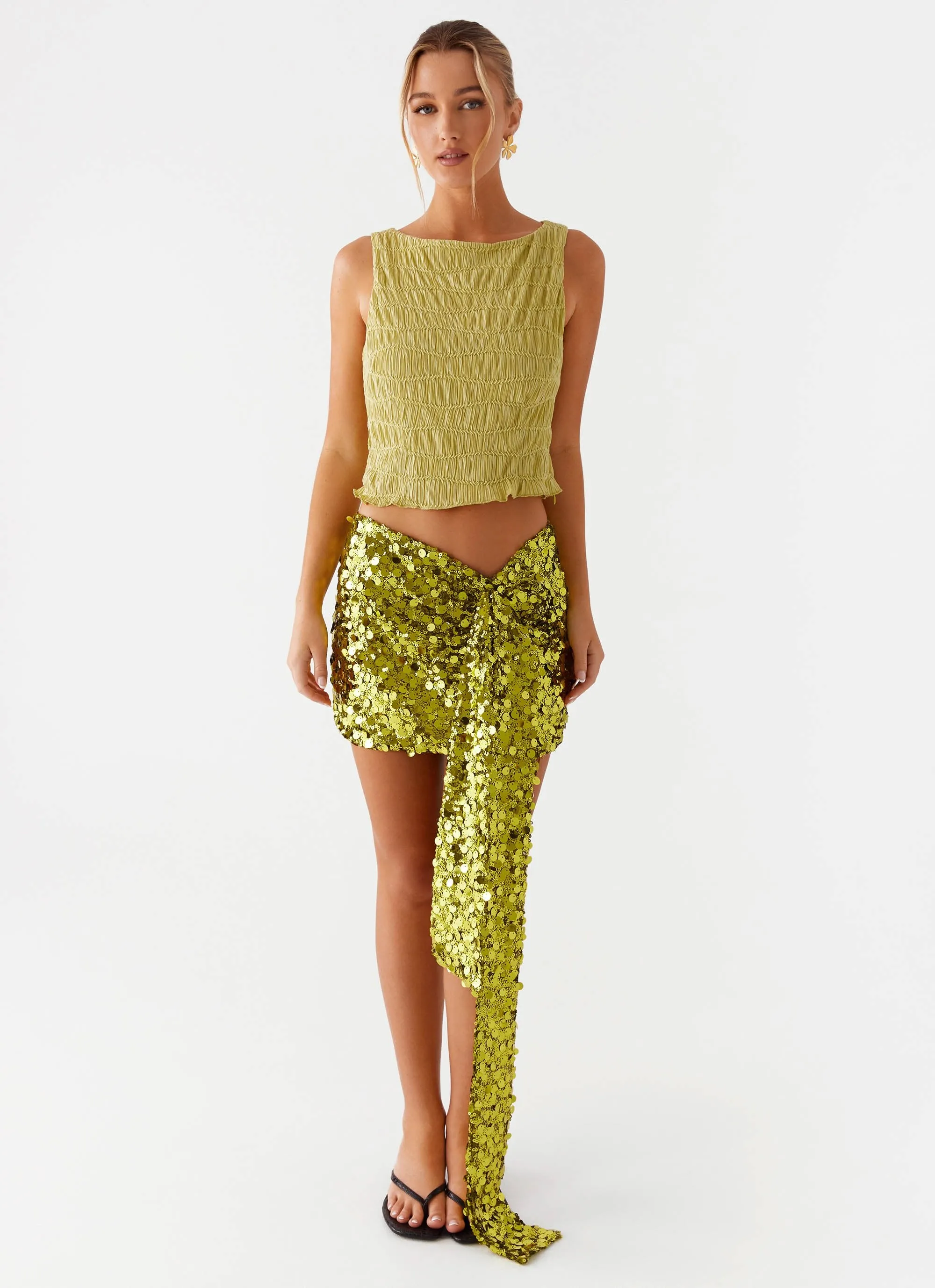 Lights On Sequin Mini Skirt - Olive Front Ruffle