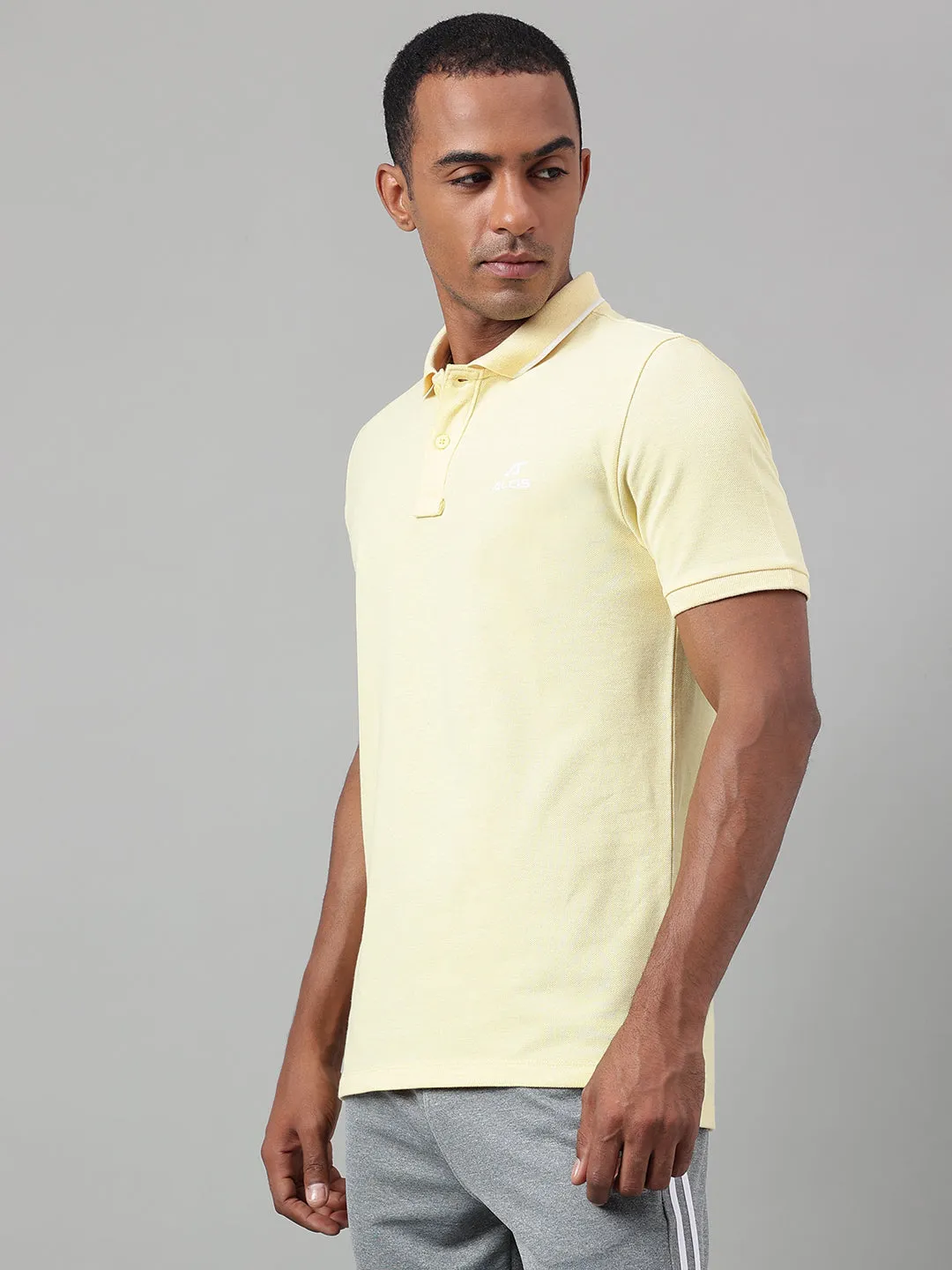 Compact Knit Structure Alcis Men's Yellow Melange Soft-Touch Regular-Fit Athleisure Polo T-Shirt