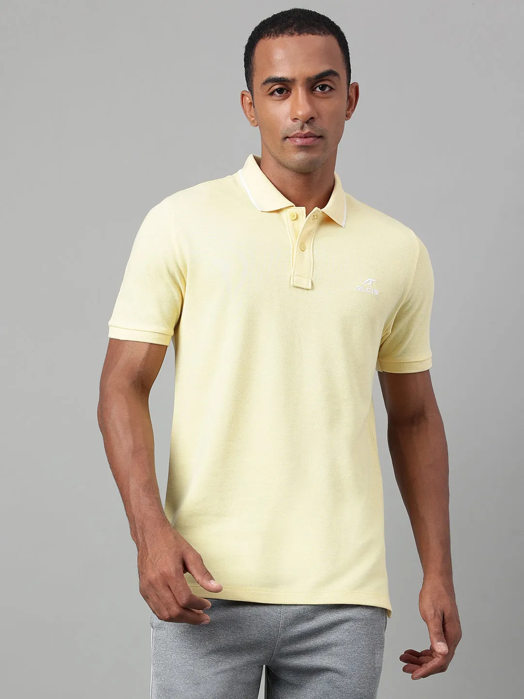 Ribbed Cuff Design Alcis Men's Yellow Melange Soft-Touch Regular-Fit Athleisure Polo T-Shirt