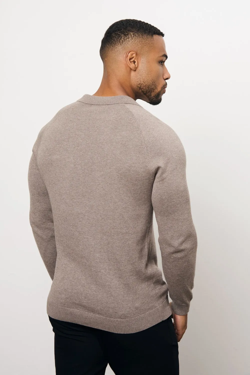 Pure Cotton Knitted Open Collar Polo Shirt in Brown Marl Layered Hem Reinforcement Golf Style
