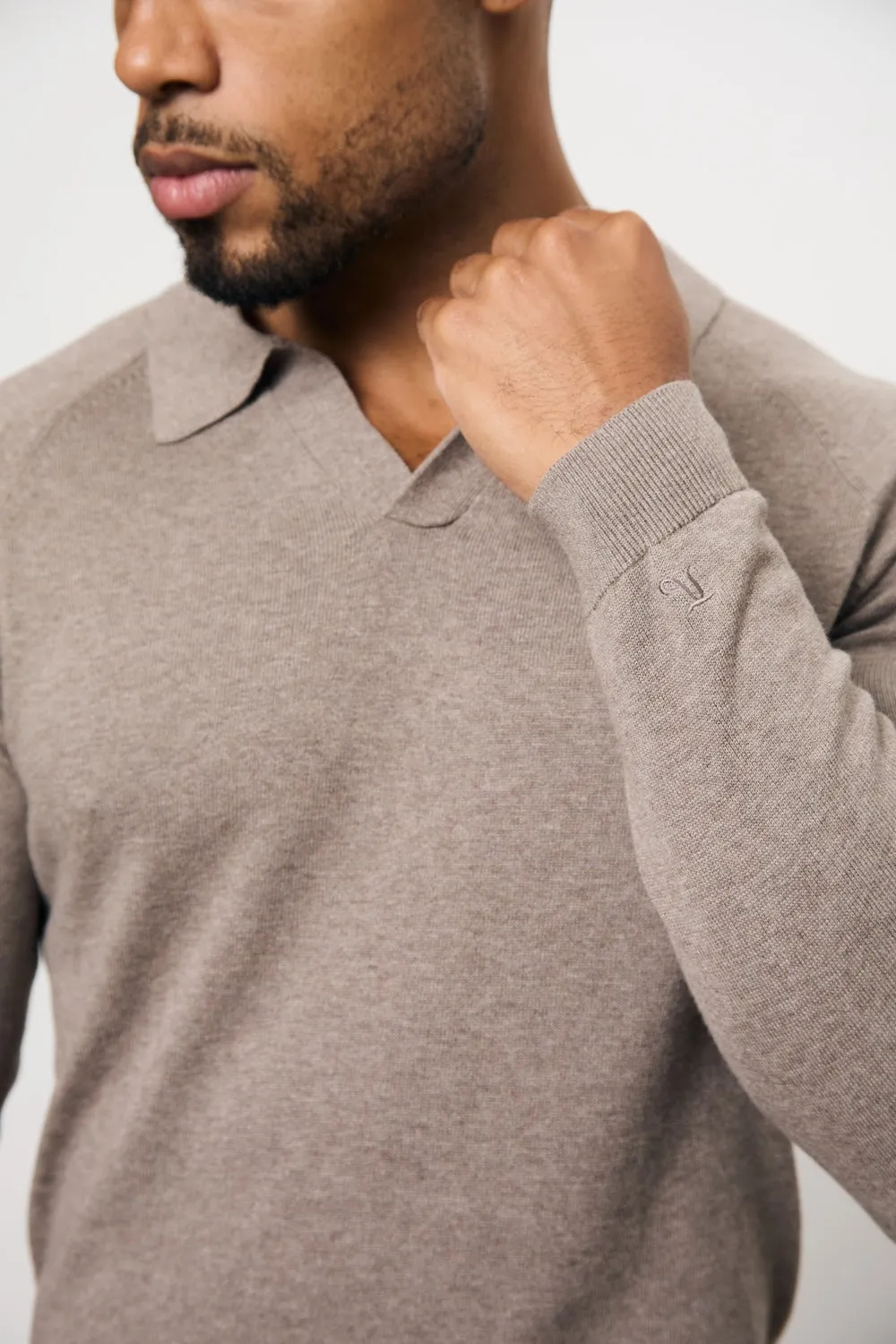 OdorControl Treatment Collar Stay Slots Pure Cotton Knitted Open Collar Polo Shirt in Brown Marl