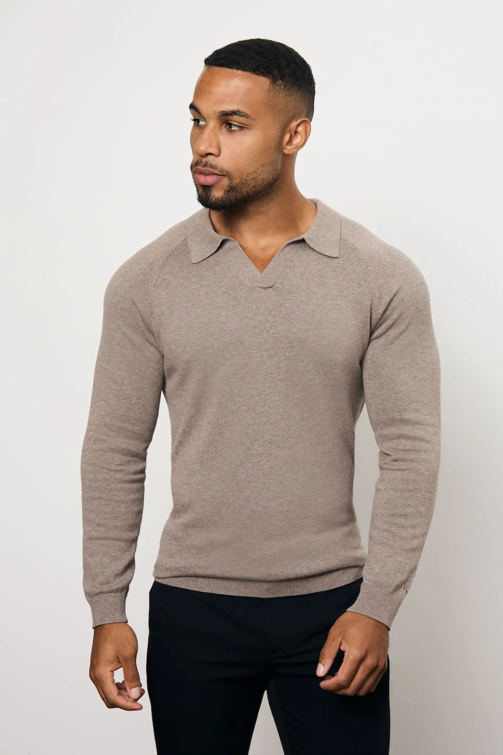 Comfort Fit Pure Cotton Knitted Open Collar Polo Shirt in Brown Marl