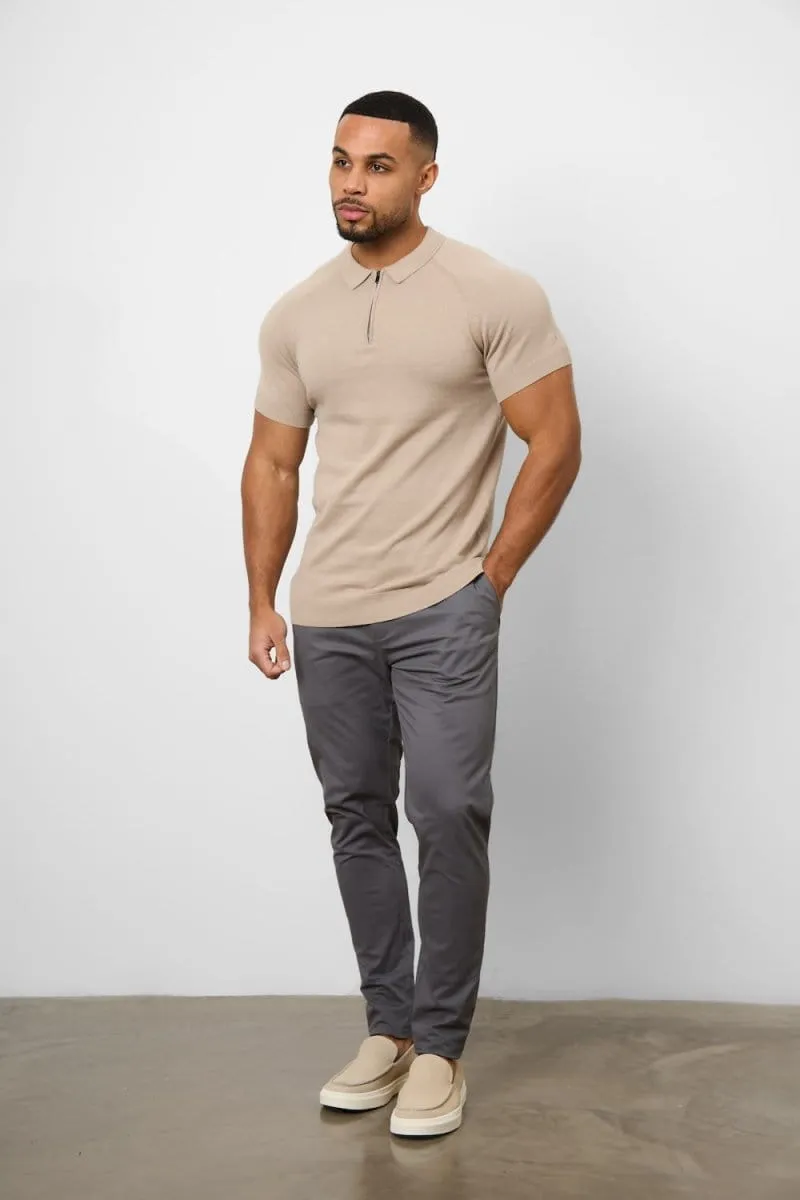 FadeResistant Dye Performance Wear Knitted Zip Polo Shirt in Neutral