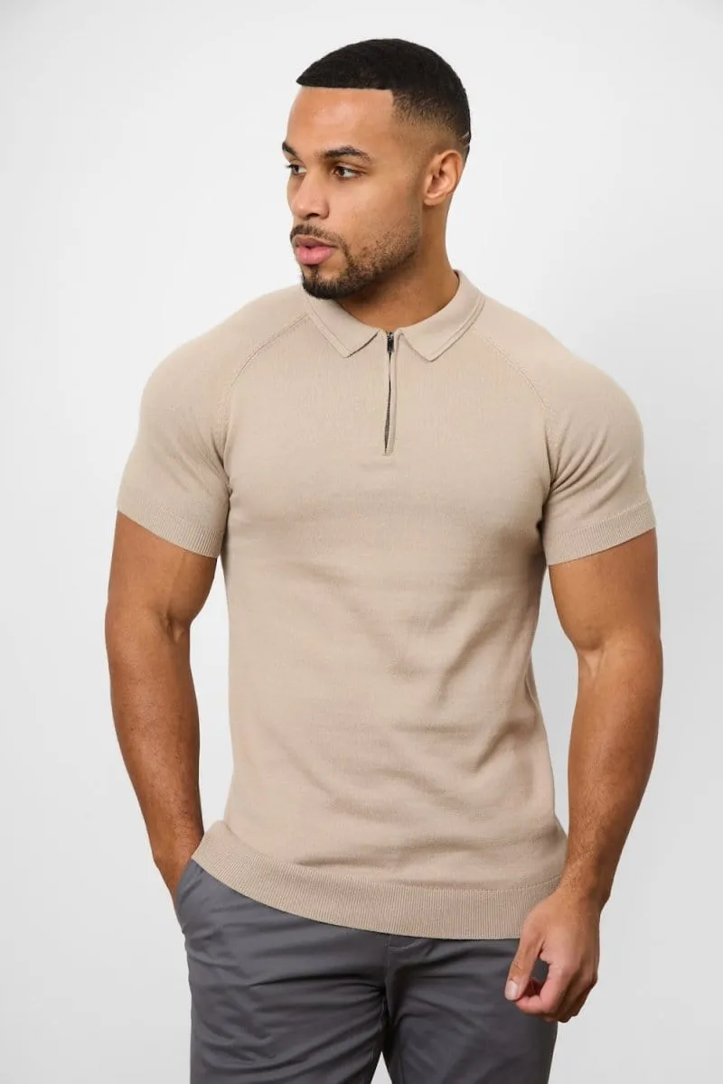 Knitted Zip Polo Shirt in Neutral Golf Outfit