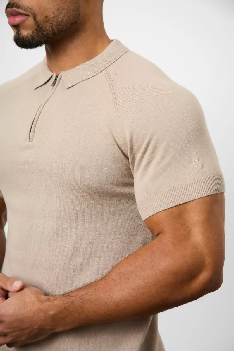 Knitted Zip Polo Shirt in Neutral Breathable Shirt Relaxed Comfort