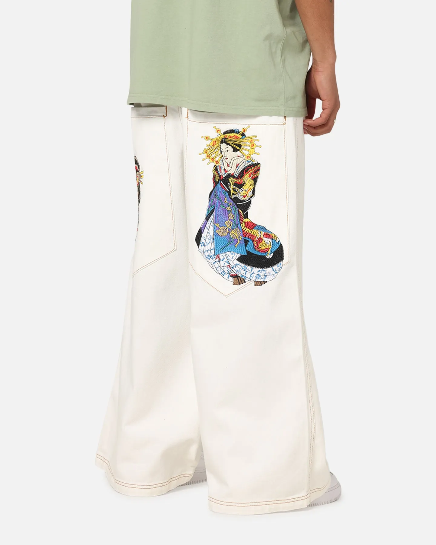 Ed Hardy Ultra Wide Leg Denim Jeans Off White/Yellow Matching Basic Cool Essential