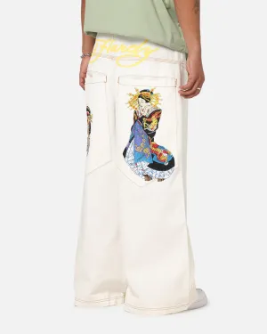 Ed Hardy Ultra Wide Leg Denim Jeans Off White/Yellow Traveler Gear Nature Lover Night Out