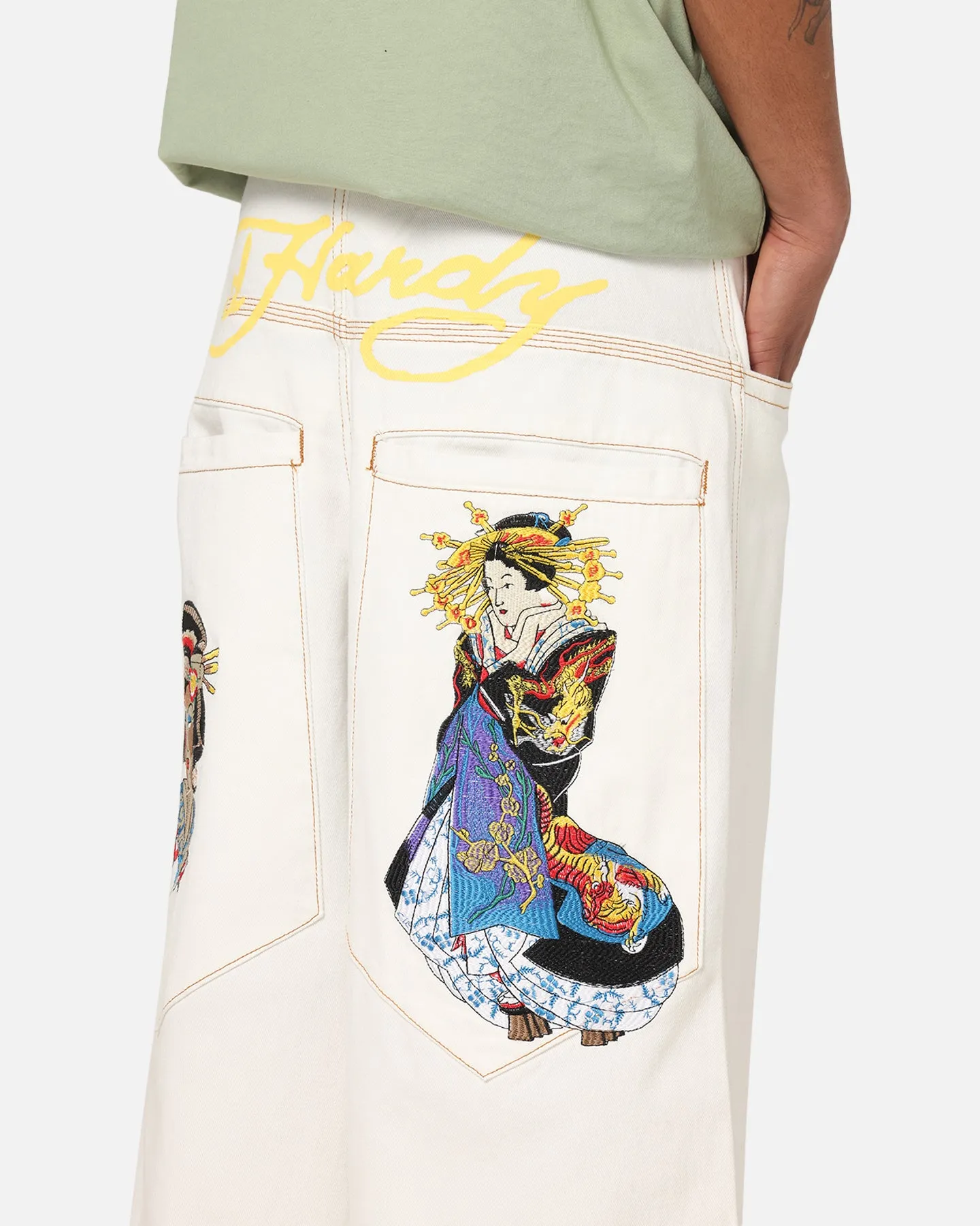 Party Look Classic Wear Ed Hardy Ultra Wide Leg Denim Jeans Off White/Yellow