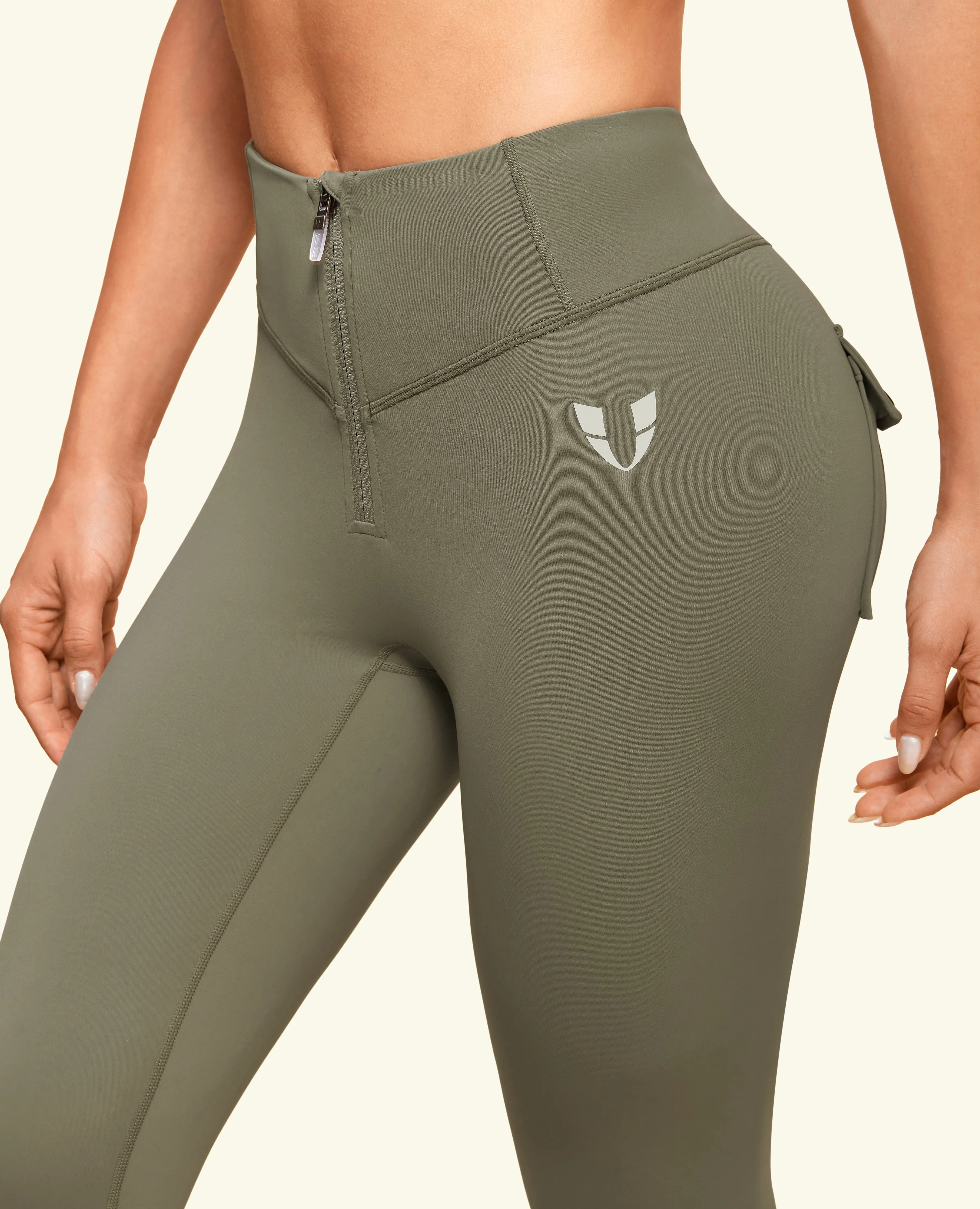 Zip Front Pocket Powerful leggings - Army Green Loose Fit Minimalist Style