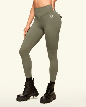 Zip Front Pocket Powerful leggings - Army Green Smooth Finish Durable Stitch Work Commute