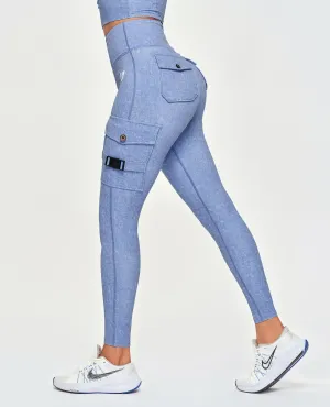 Cargo High Waisted Pocket Leggings - Light Denim Blue Stay Put Cuffs