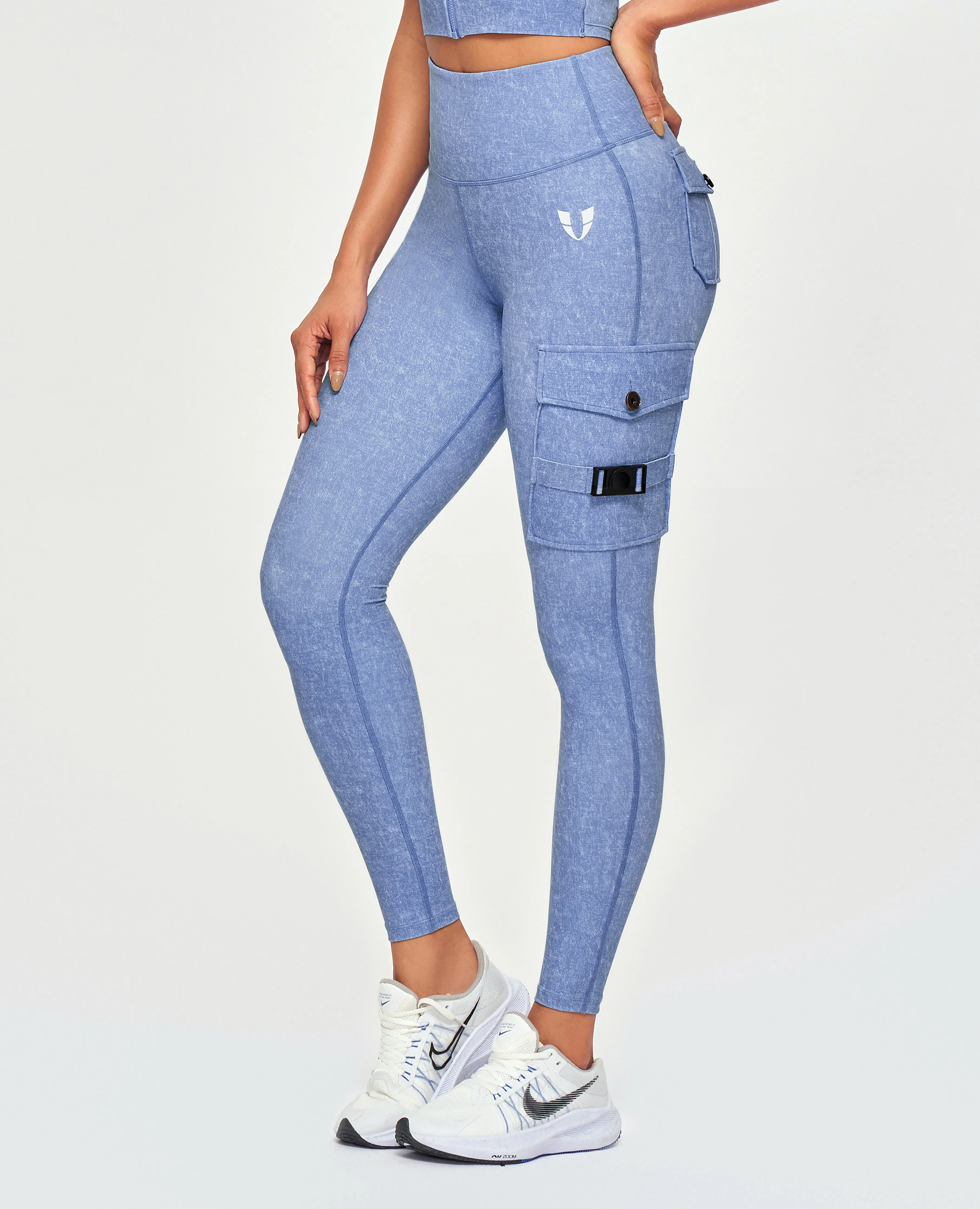 Postpartum Fit Eco Friendly Cargo High Waisted Pocket Leggings - Light Denim Blue