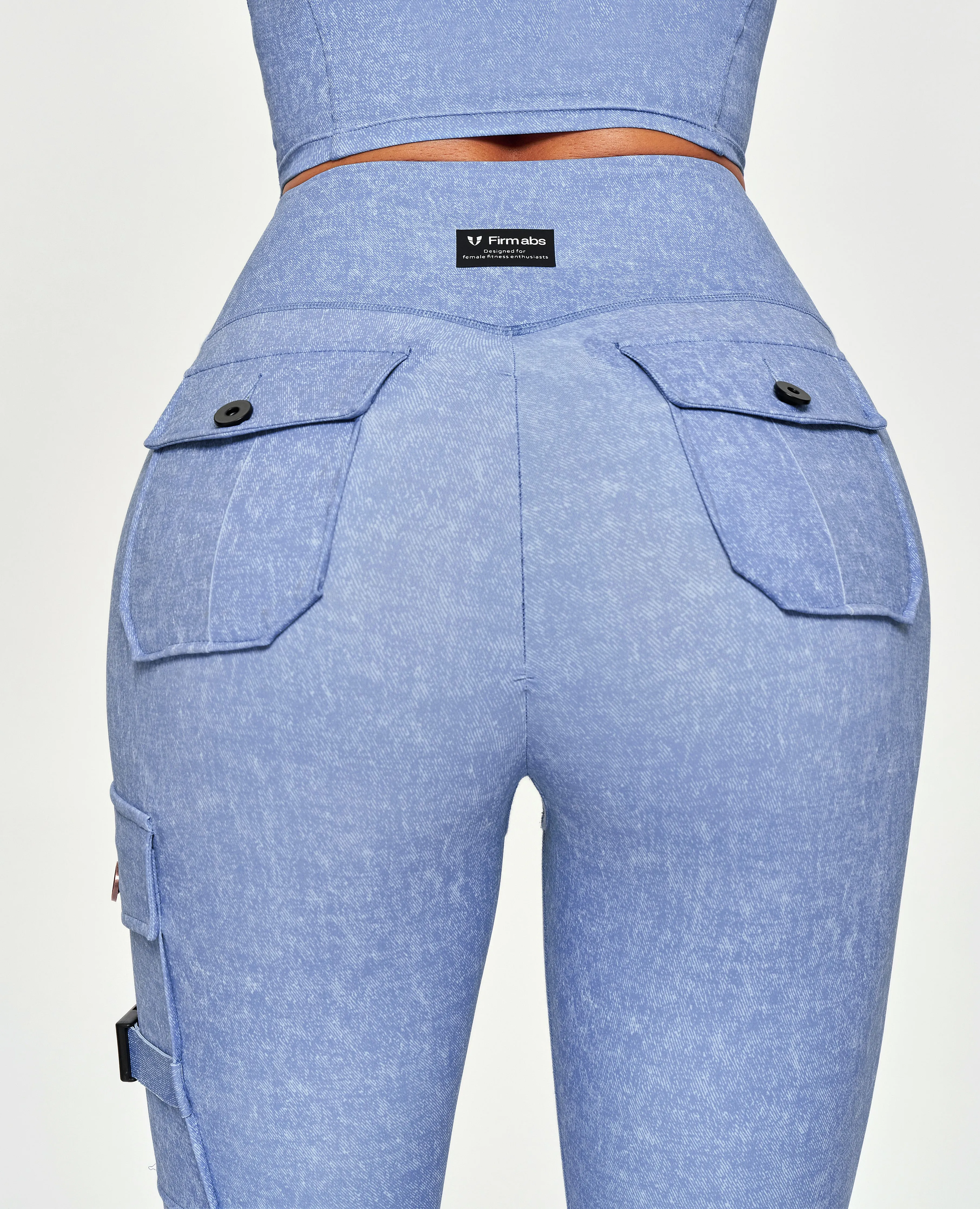 Cargo High Waisted Pocket Leggings - Light Denim Blue Breathable Mesh Panels elastic waistband