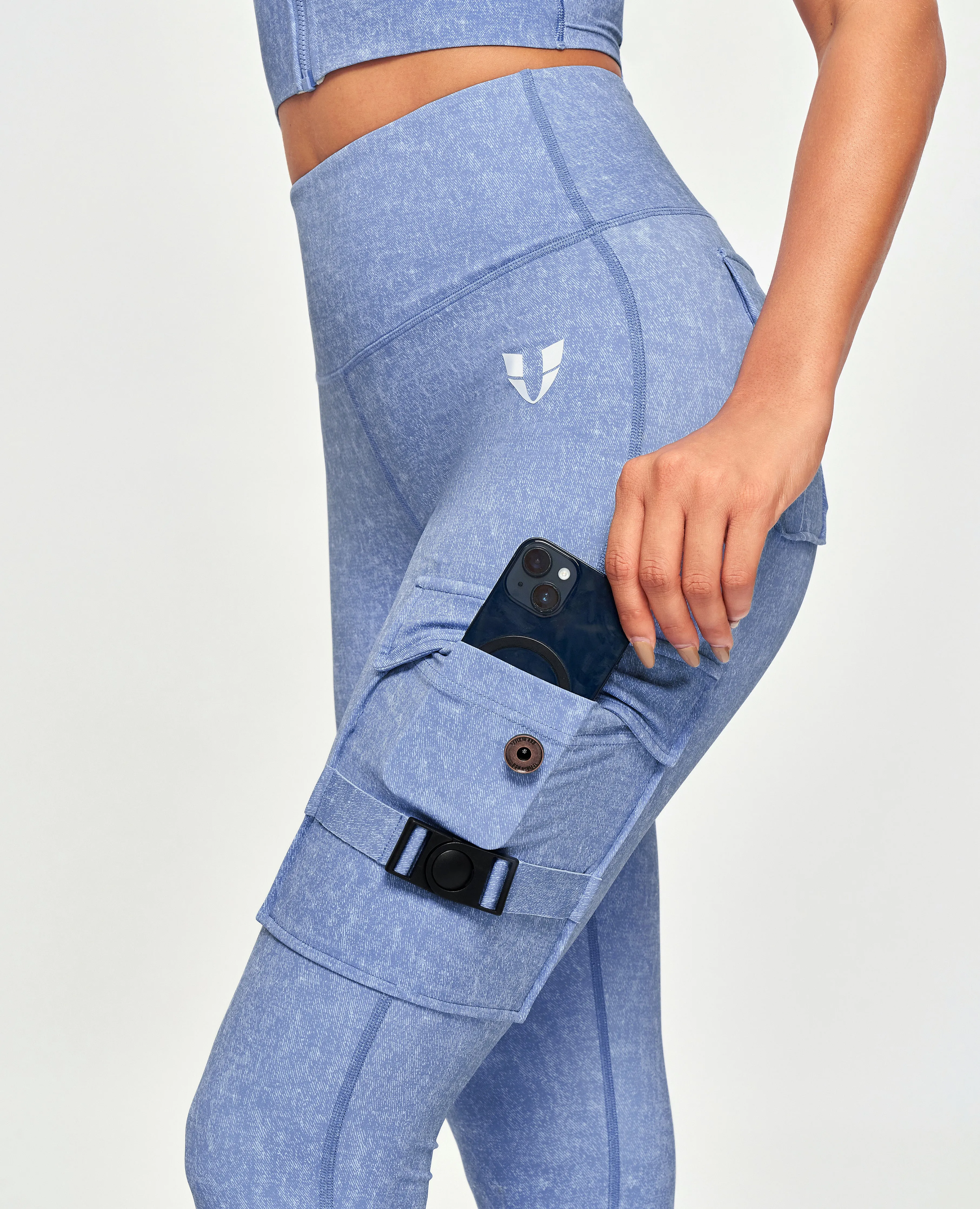 Outdoor Lover Anti Odor Cargo High Waisted Pocket Leggings - Light Denim Blue