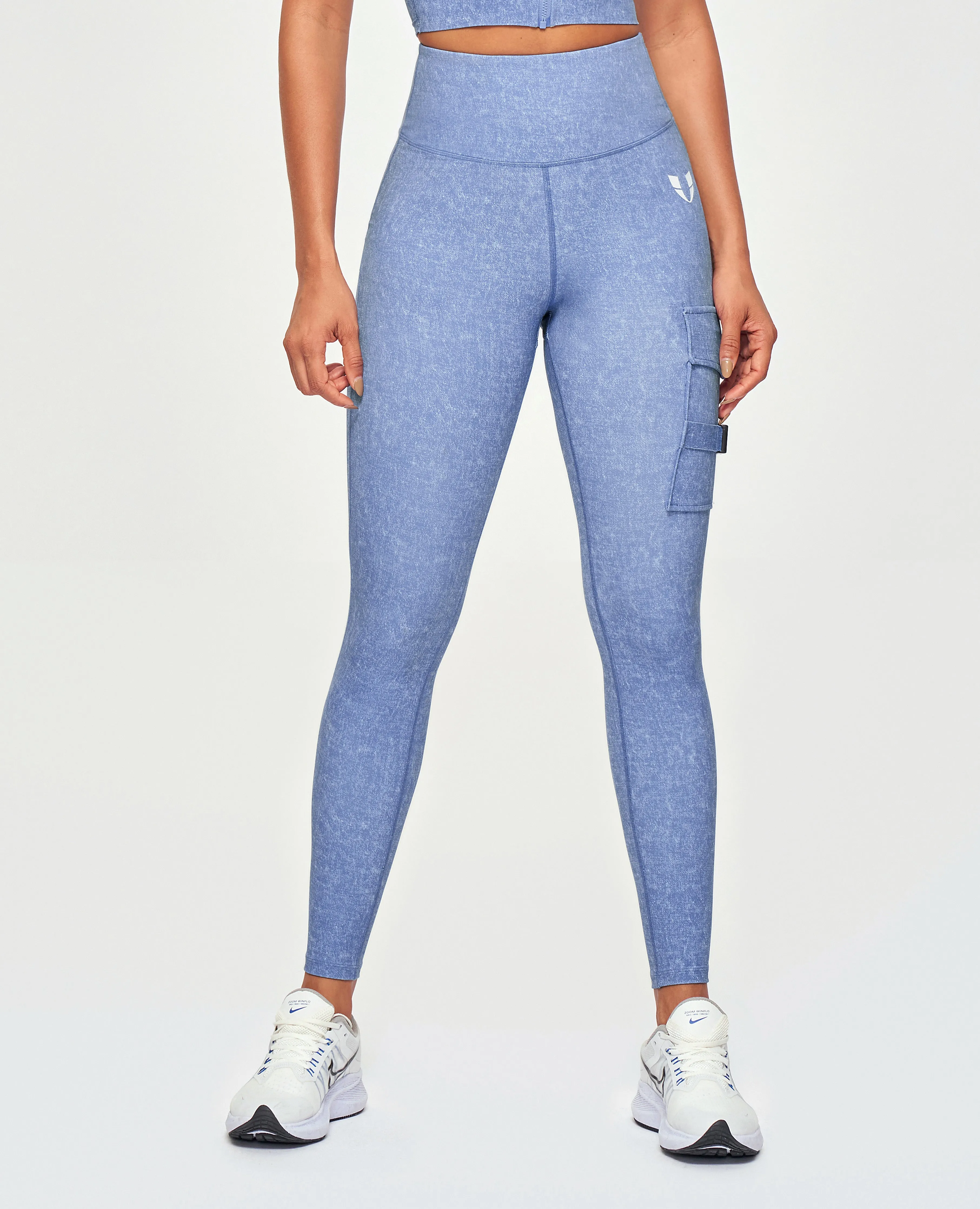 Outdoor Running Soft Touch Eco Friendly Gym Workout Cargo High Waisted Pocket Leggings - Light Denim Blue