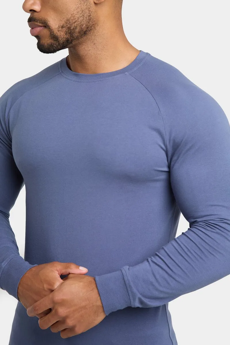 Athletic Fit Long Sleeve T-Shirt in Stone Blue Ribbed Collar Trim