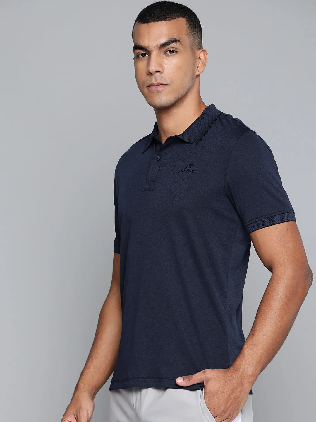 Alcis Men Navy Blue Solid Polo Collar T-shirt Breathable Textile