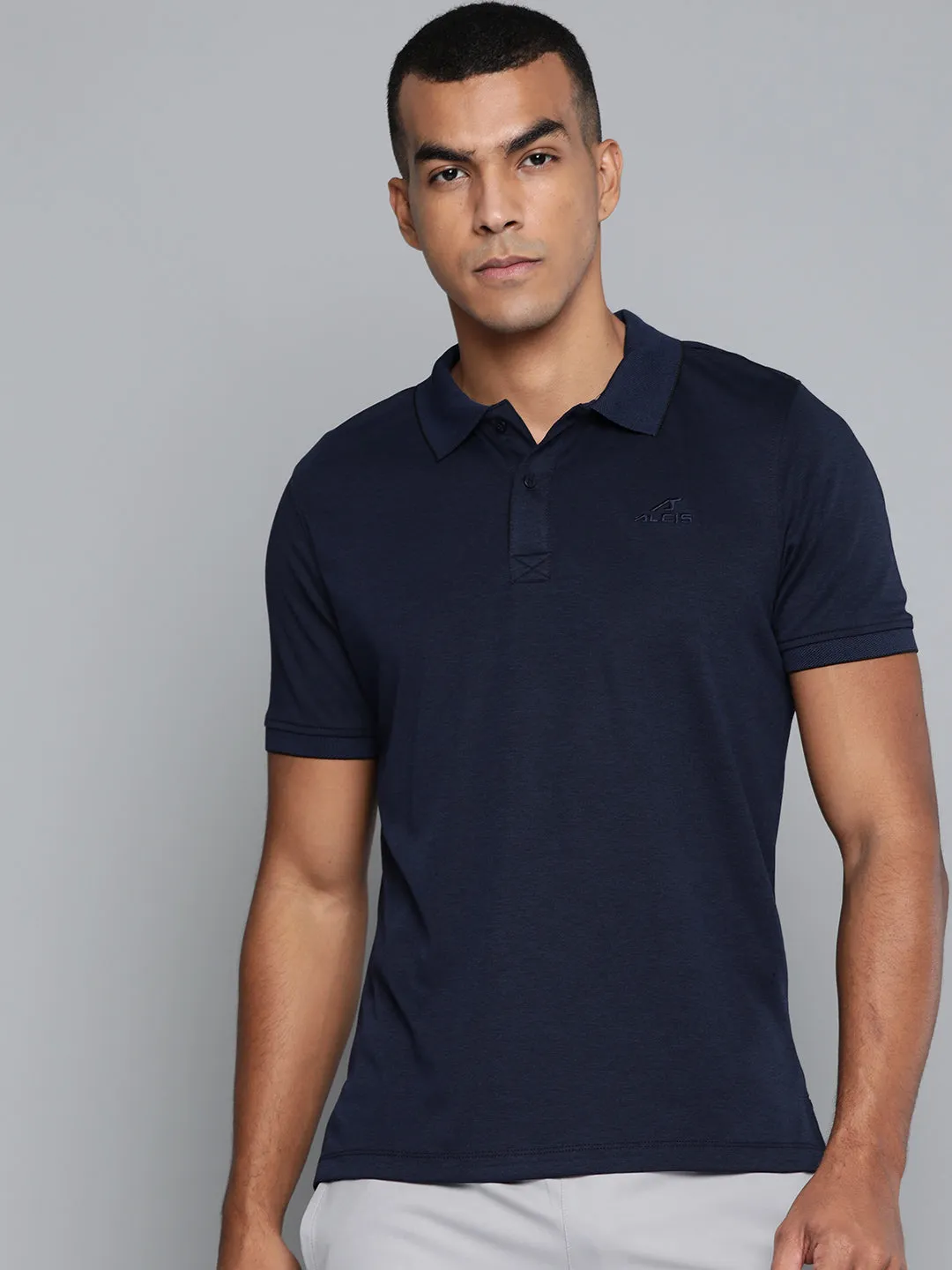 Breathable Shirt Golf Ready Alcis Men Navy Blue Solid Polo Collar T-shirt