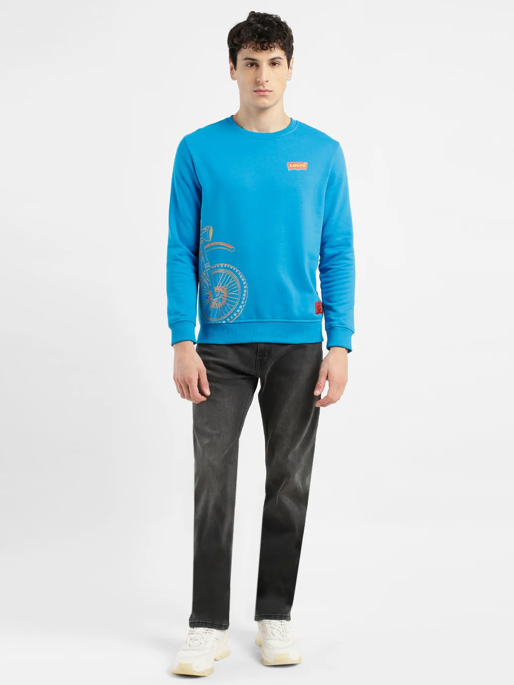 Men's Solid Blue Crew Neck Sweatshirt Flexible Hood Structure