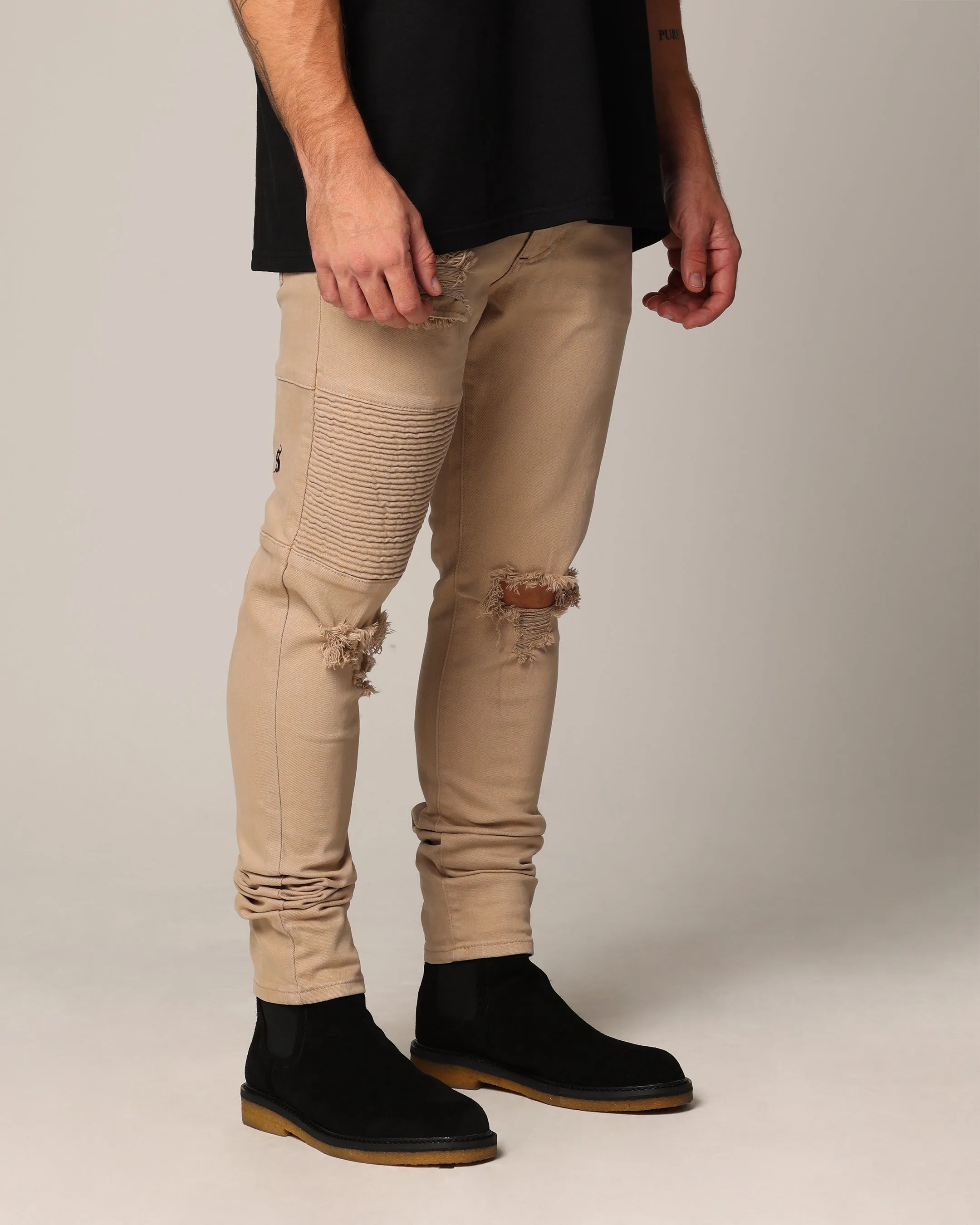 High Quality Bold Look Summer Vibes Saint Morta Men's Index Distressed Biker Jeans Bone