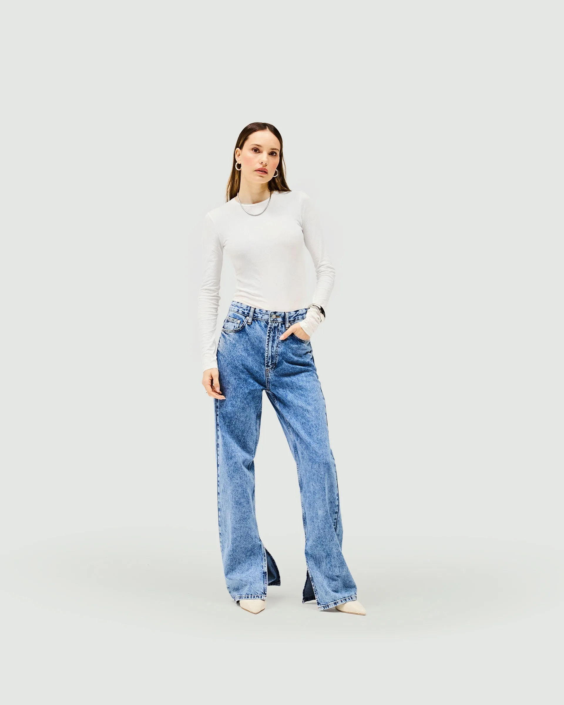 Split Hem Straight Jean - Washed Blue Layered Basics