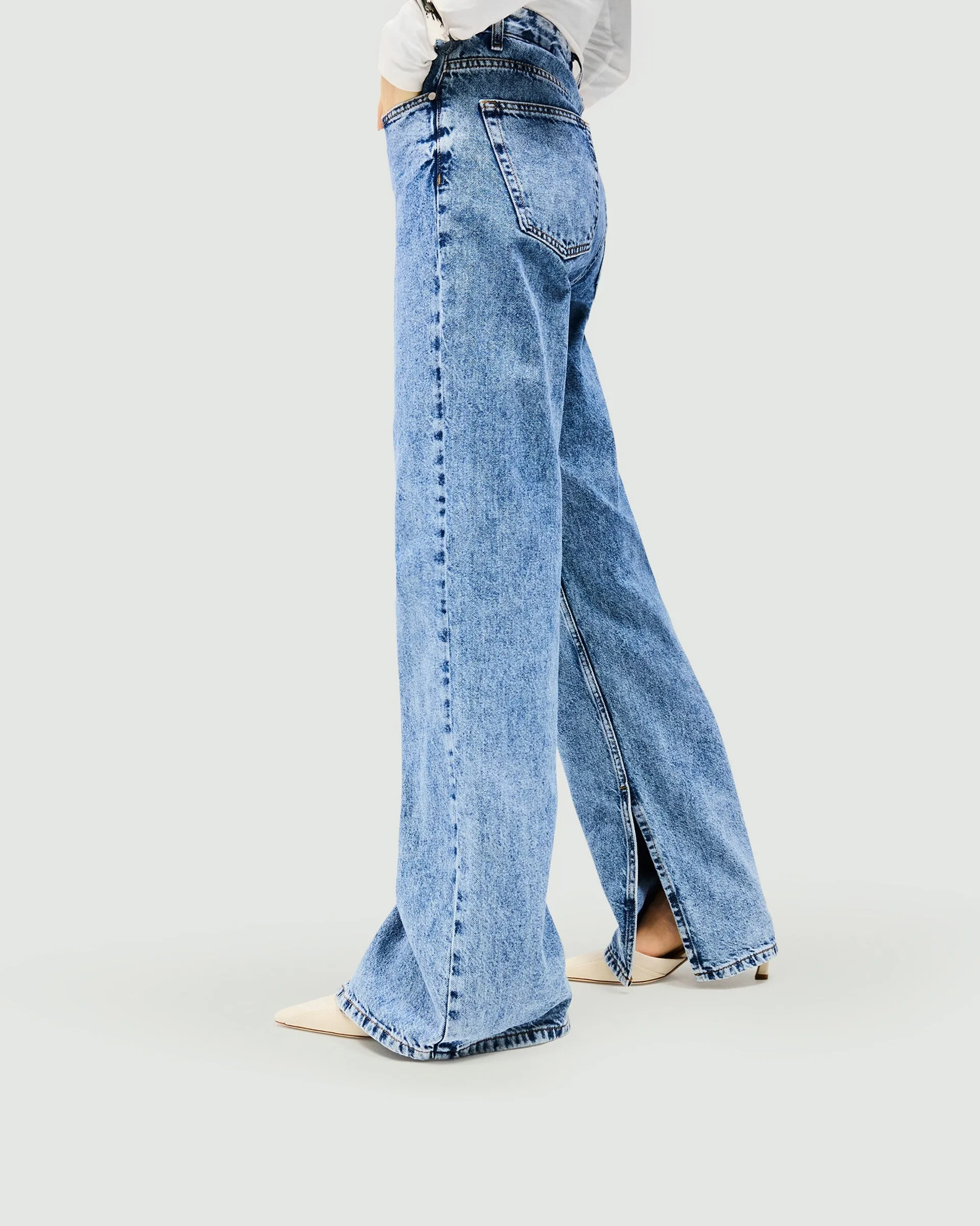 Split Hem Straight Jean - Washed Blue Belt Loop Reinforcement High Quality Holiday Vibes Winter Warmth