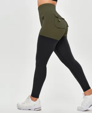Cool Fit Cargo Athletic Leggings - Dark Green and Black