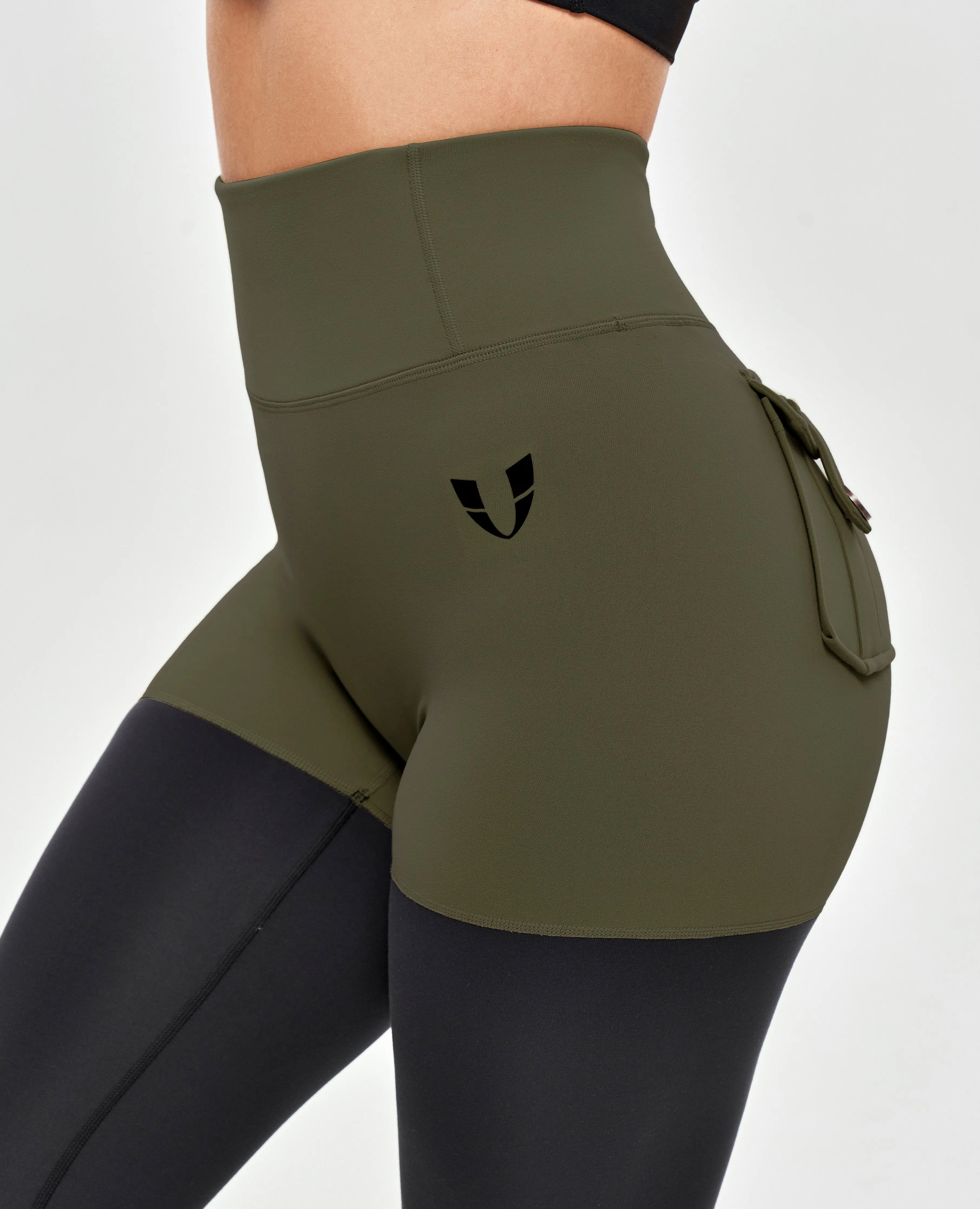 Casual Wearer School Sports Lightweight Design Cargo Athletic Leggings - Dark Green and Black