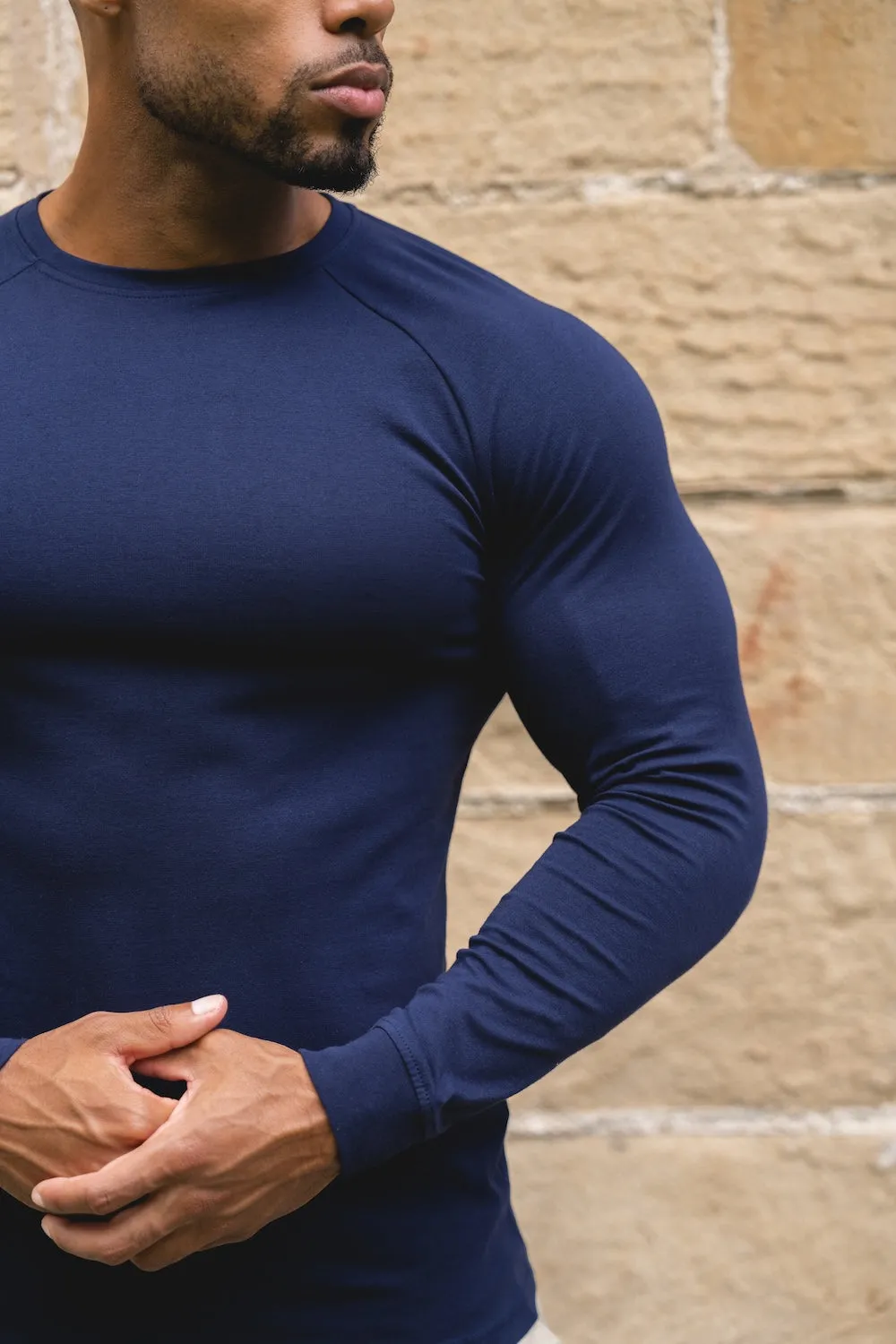 Athletic Fit Long Sleeve T-Shirt in Navy Easy Care