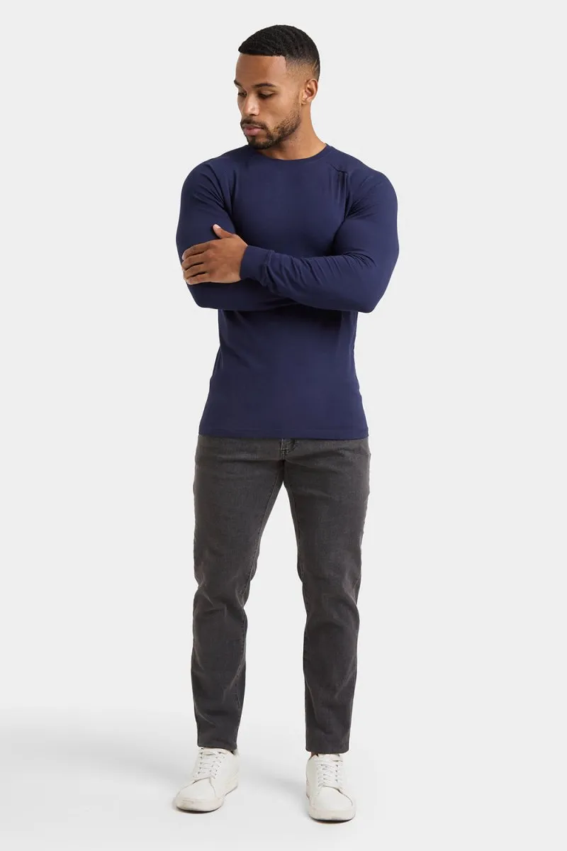 Street Casual Formal Occasion Athletic Fit Long Sleeve T-Shirt in Navy