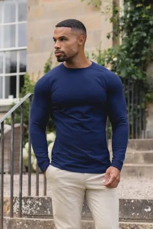 Stretch Jersey Knit Short sleeved breeziness Athletic Fit Long Sleeve T-Shirt in Navy
