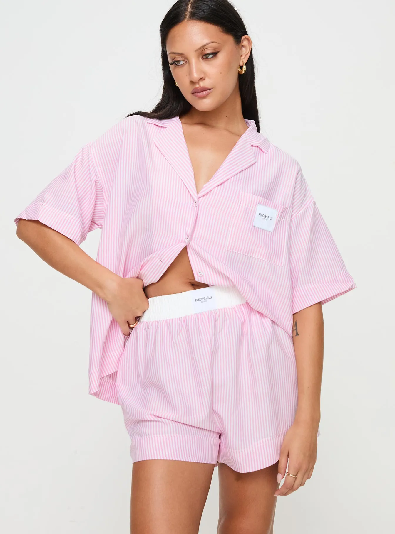 Early Riser Sleep Shorts Pink Stripe Story Mood Adjustable Straps