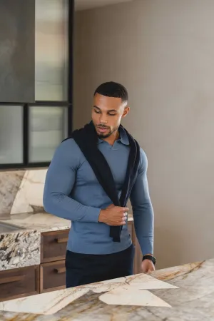 Extra Fine Merino Wool Open Collar Polo Shirt in Airforce Blue UV-Resistant Club Attire