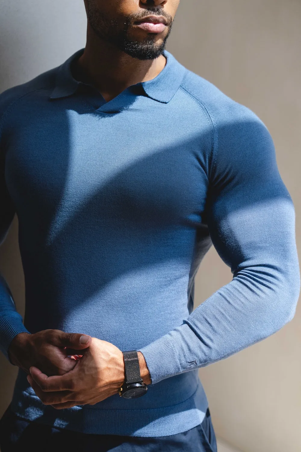 UV Protection Extra Fine Merino Wool Open Collar Polo Shirt in Airforce Blue