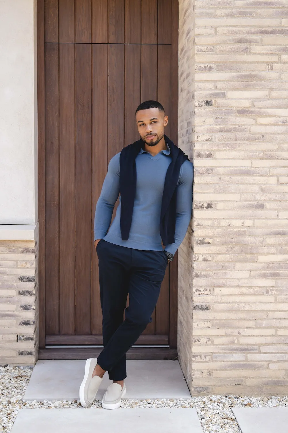 Relaxed Collar Extra Fine Merino Wool Open Collar Polo Shirt in Airforce Blue
