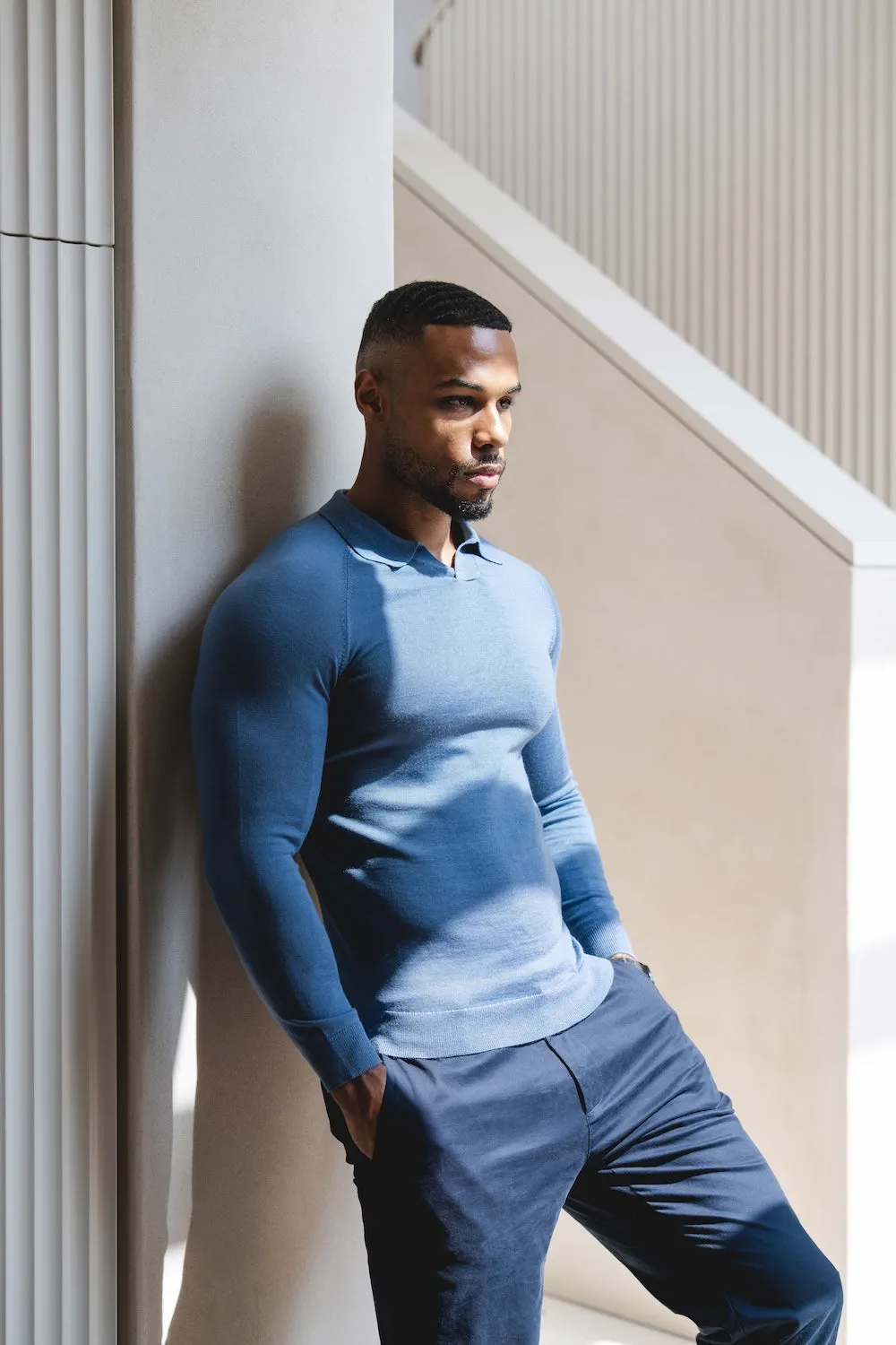 Extra Fine Merino Wool Open Collar Polo Shirt in Airforce Blue Tailored Comfort