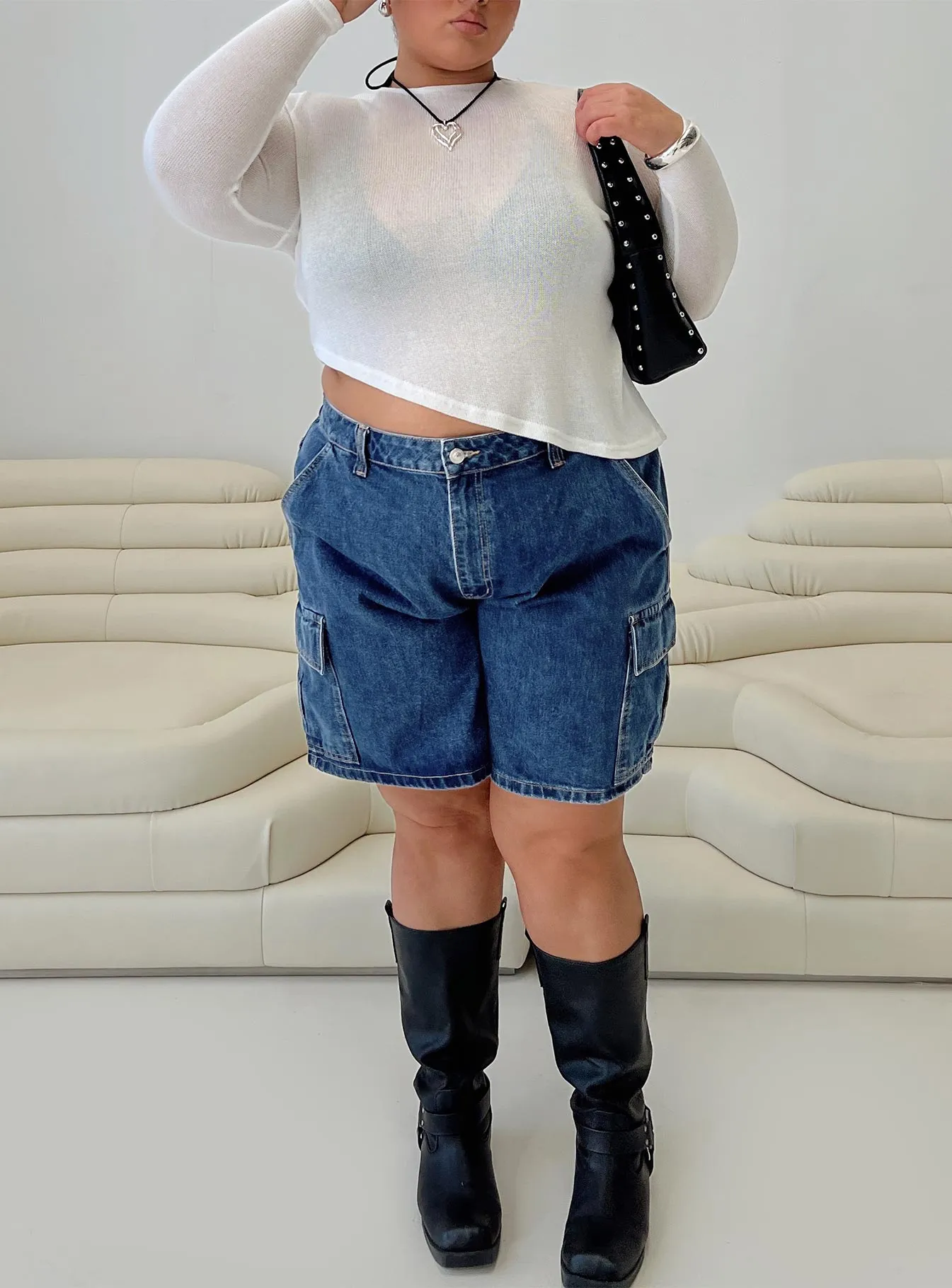 NoSlipTrims Mika Carpenter Denim Shorts Mid Wash Curve