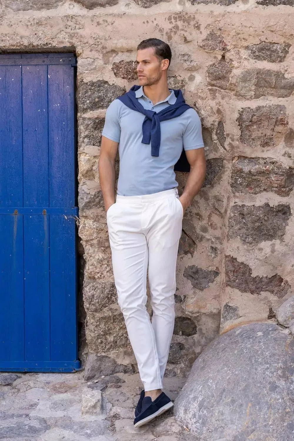 Athletic Fit Polo Shirt in Pale Blue Breathable Stretch