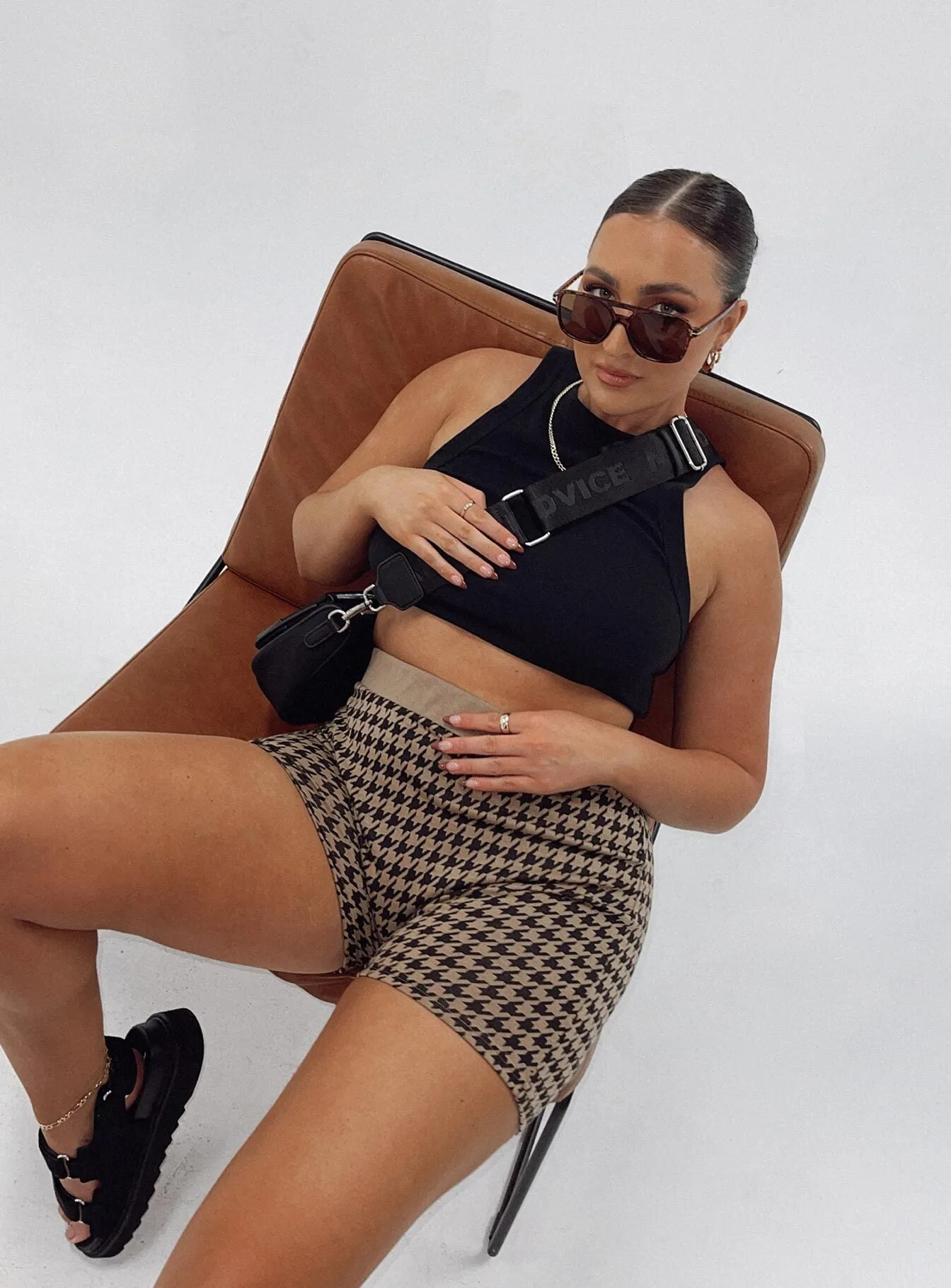Jacqui Houndstooth Bike Shorts Brown AllSeasonWear