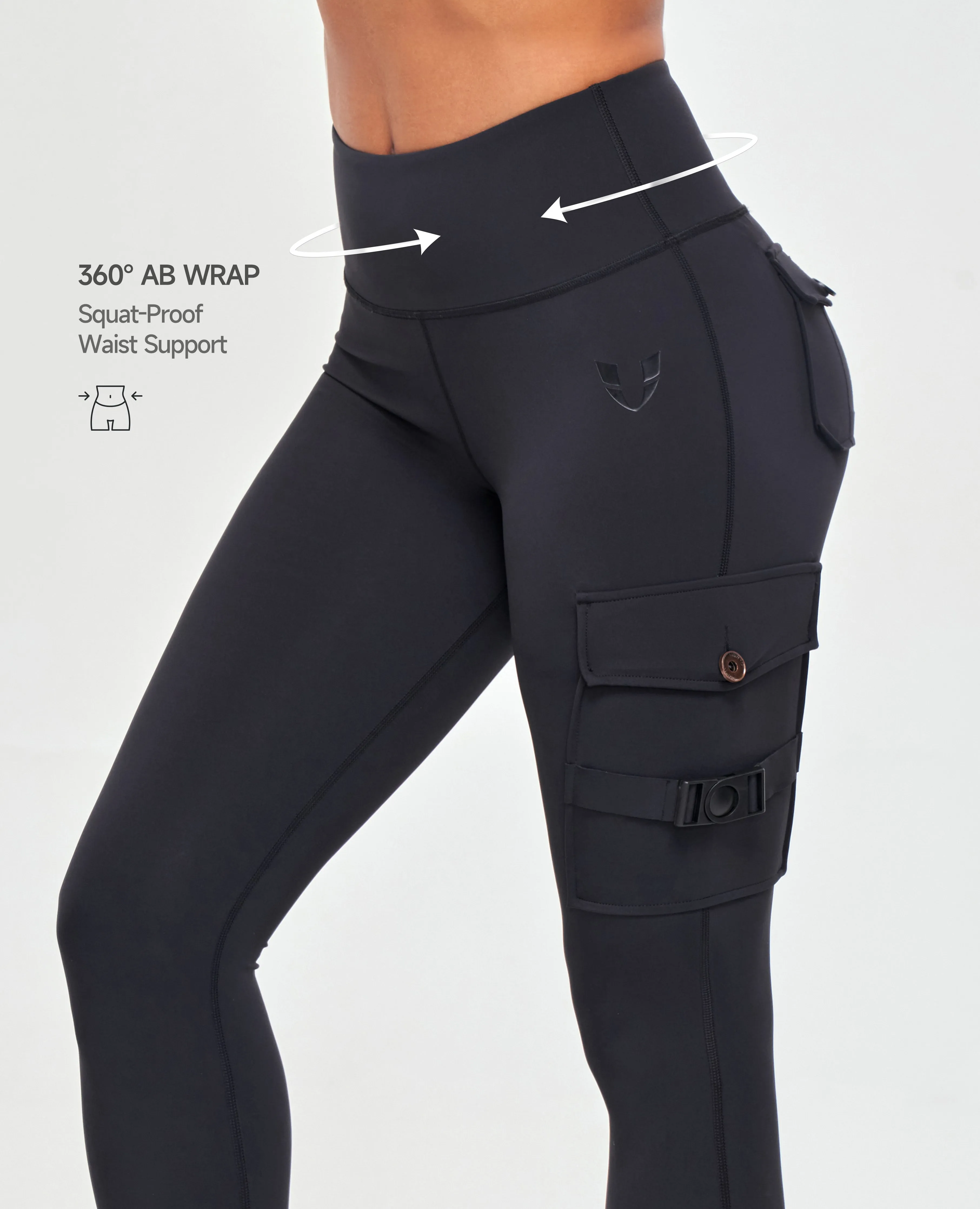 Extra Soft Winter Sports Antimicrobial Utility Cargo High Waisted Pocket Leggings - Black