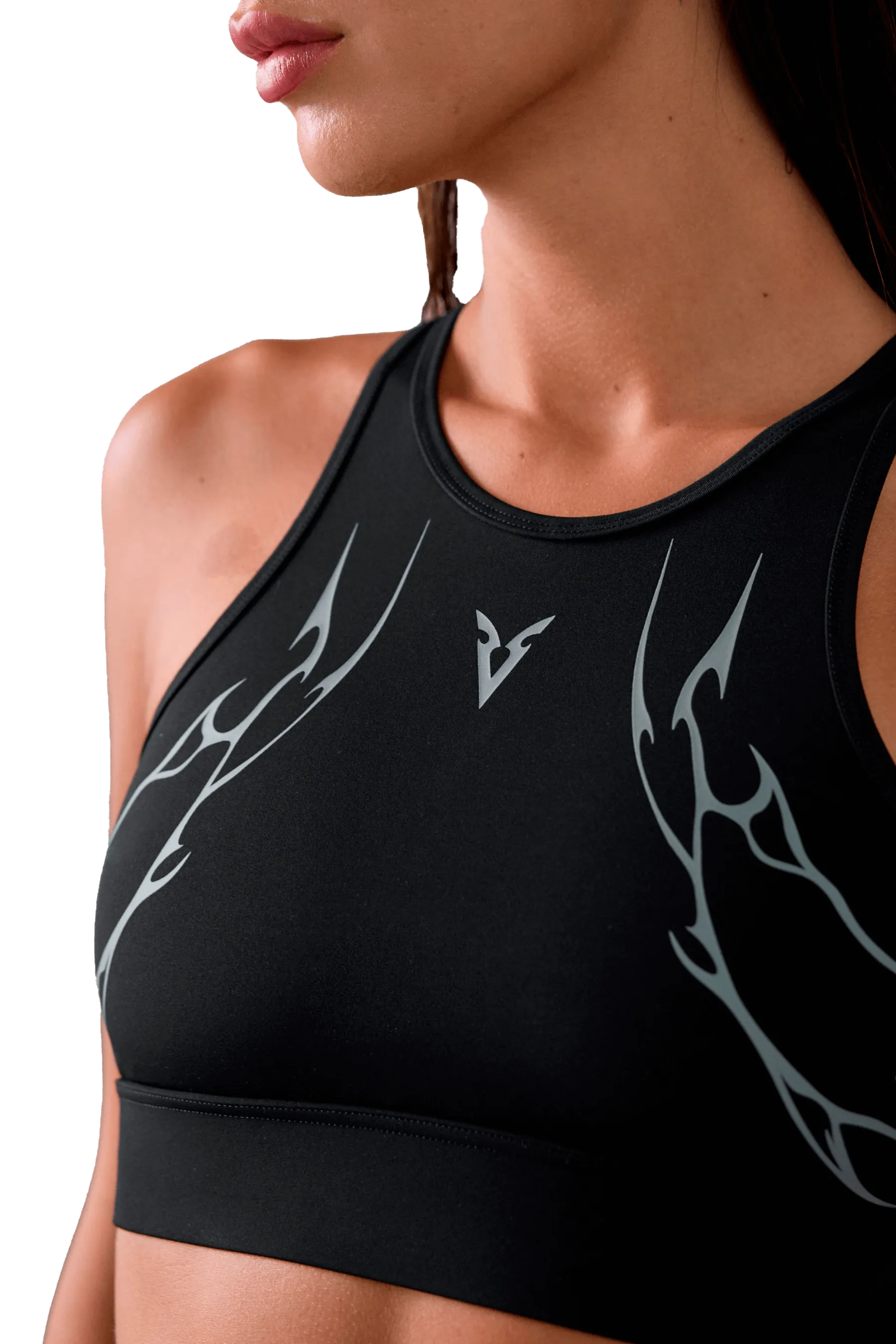 Glued seams SPORTS BRA HIGH NECK GRAY VEINS GRAPHIC  - Black