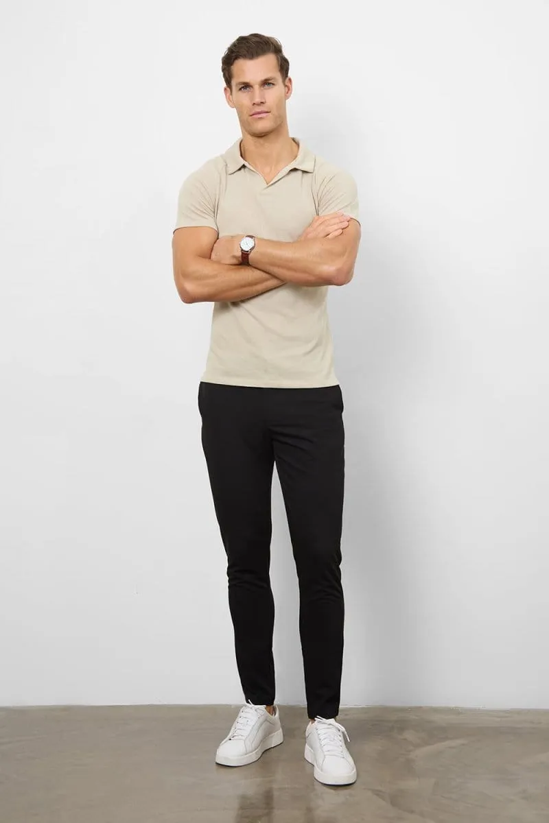 Business Travel Knit Look Open Collar Polo Shirt in Stone