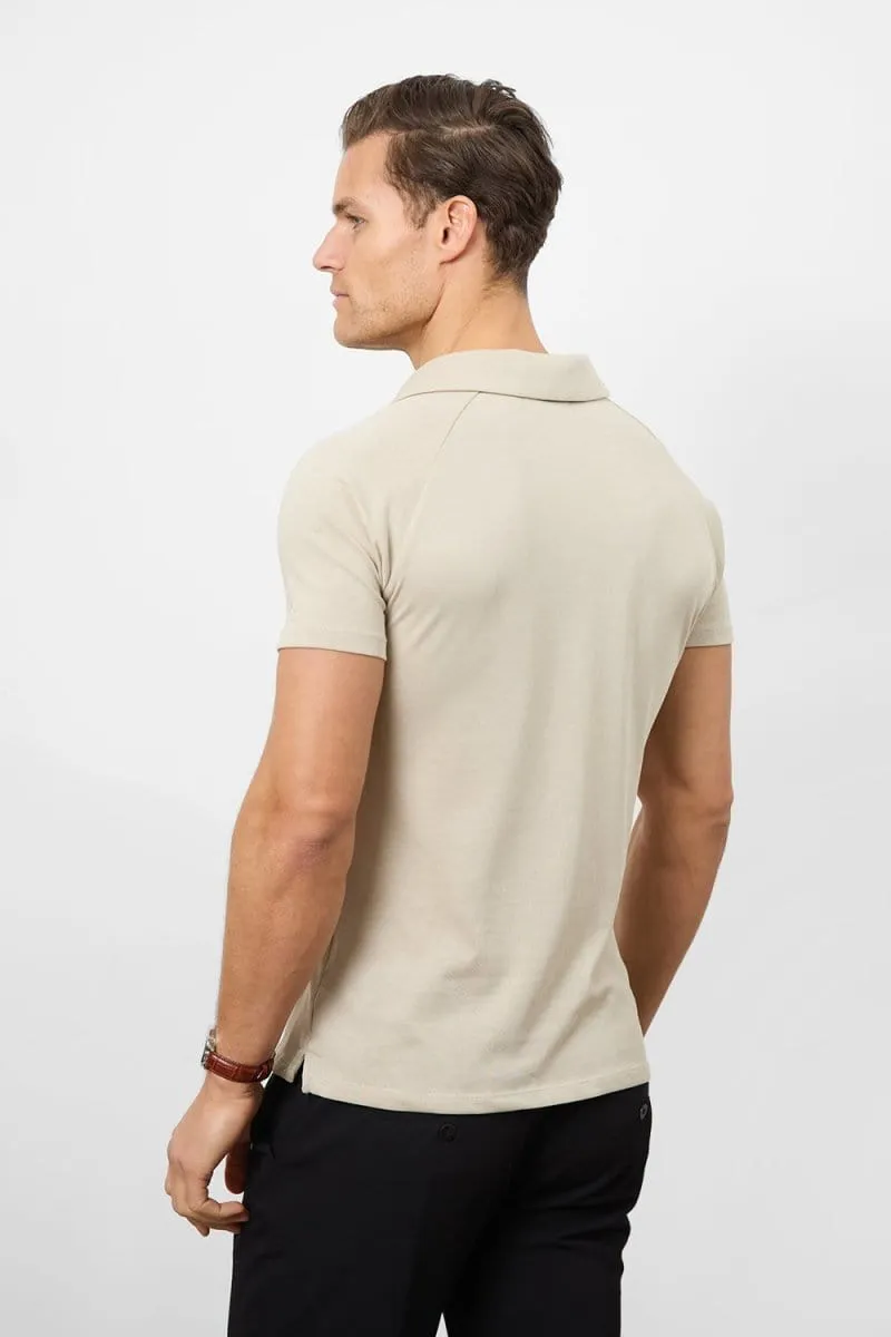 Knit Look Open Collar Polo Shirt in Stone Stretch Comfort Formal Edge