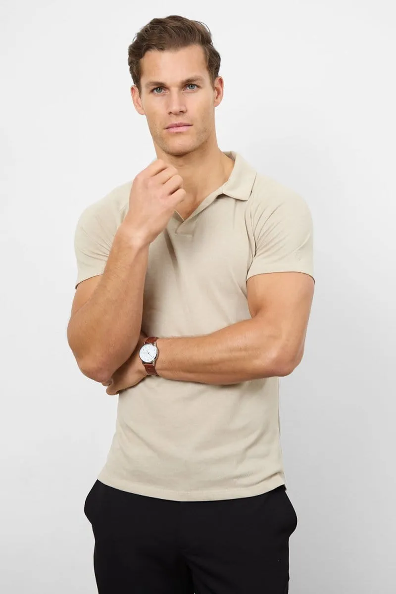 Knit Look Open Collar Polo Shirt in Stone Compact Knit Structure Durable Cotton